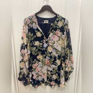 Show Me Your MuMu Navy Floral V-Neck Blouse with Pink & Cream Blooms